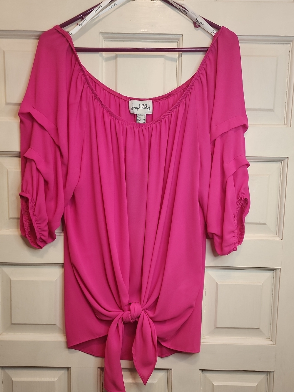 Joseph Ribkoff Hot Pink Tie-Front Women's Blouse Layered Puffy Sleeve